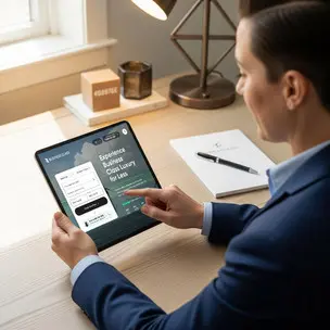 Travel consultant reviewing flight options on a tablet